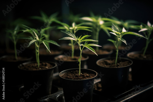 Fresh cannabis clones in indoor facility, generative AI photo