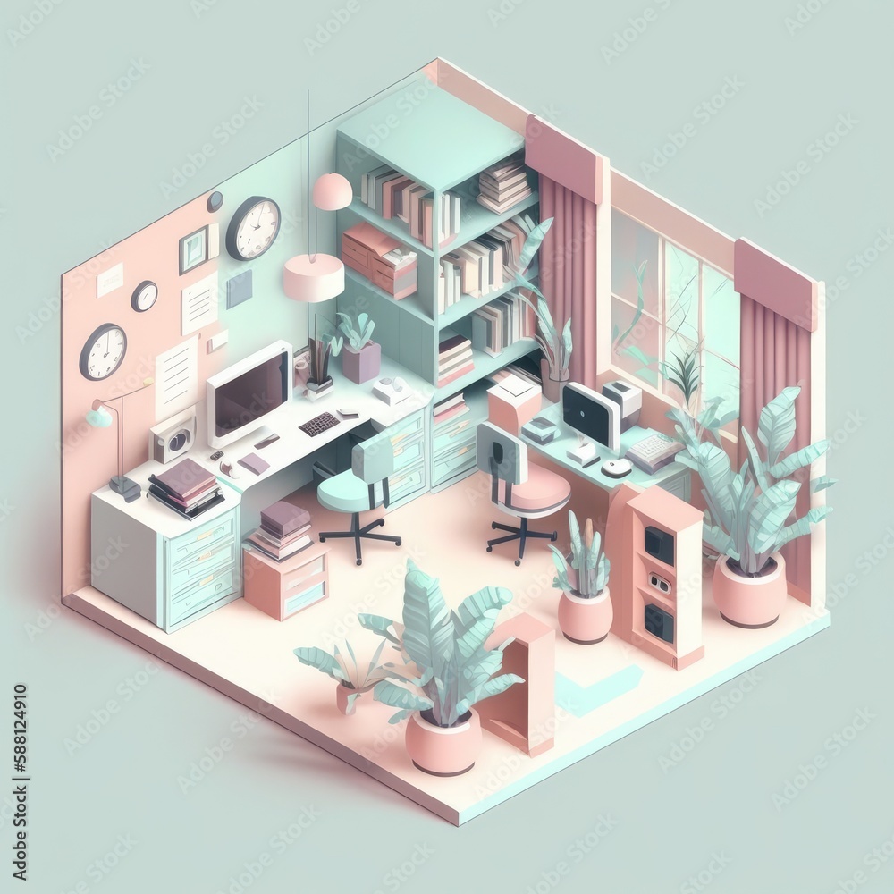 Isometric 3D Office Dreams: Cute and Beautiful Illustration of Pastel-Colored Hardworking Office Furniture and Workspace. Generative AI