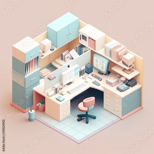 Isometric 3D Office Dreams: Cute and Beautiful Illustration of Pastel-Colored Hardworking Office Furniture and Workspace. Generative AI © Milos Stojiljkovic