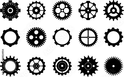 Gears flat icons, factory gear wheel graphic. Black cogs symbols. Progress or service process, work cycle pictogram decent vector elements