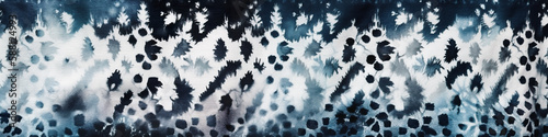 Kanoko shibori, Japanese indigo, blue tie dye on off white textile, panoramic banner composition, AI generative panorama design element © Friedbert