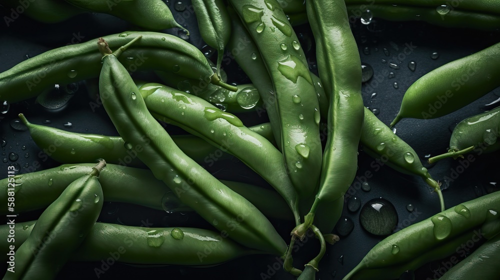 Pile of raw green beans, haricot with drops of water on a black background Pile of raw green beans, haricot with drops of water on a black background
