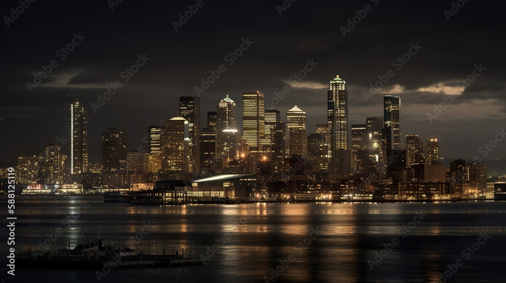 City, megapolis skyline from across Elliott Bay at night, AI generative