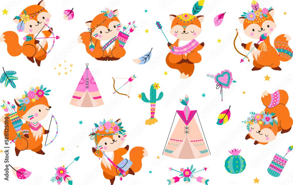 Woodland fox, wild tribal foxes with floral wreath and feathers arrows. Boho style cartoon animals. Nursery decorations, nowaday baby vector clipart Woodland fox, wild tribal foxes with floral wreath and feathers arrows. Boho style cartoon animals. Nursery decorations, nowaday baby vector clipart