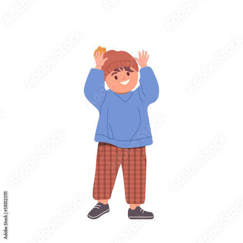 Little preschool boy toddler child character standing with raised hands feeling happy and fun