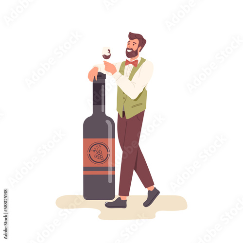 Sommelier character tasting wine in glass nearby huge bottle of alcohol drink isolated on white