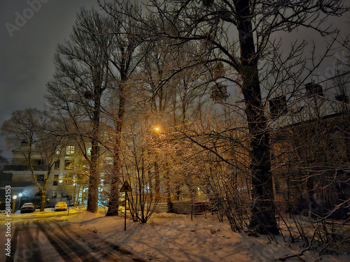 Night photo of a street in the area of Julianowski Park in Lodz after an evening snowfall, Lodz, Poland
