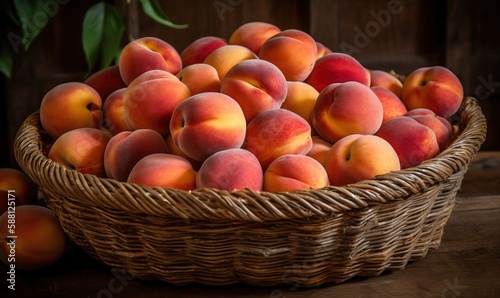  a wicker basket filled with peaches on a table.  generative ai