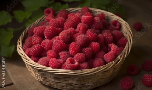  a basket of raspberries on a wooden table with leaves.  generative ai