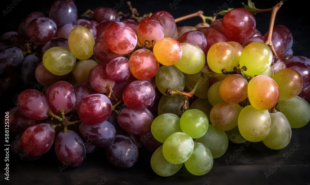 a bunch of grapes sitting on top of a black table. generative ai a bunch of grapes sitting on top of a black table. generative ai