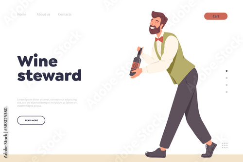 Landing page design template with wine steward expert character carrying bottle serving drink