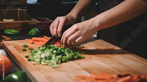 A person cutting vegetables on a wooden plank. Generative AI illustration.