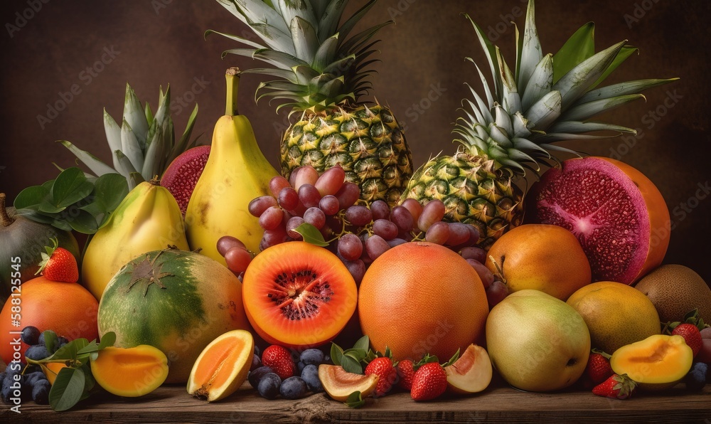  a bunch of different fruits on a wooden table with a brown background.  generative ai