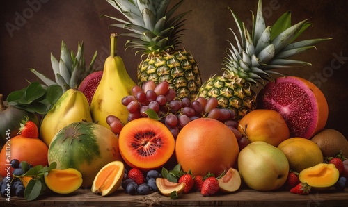 a bunch of different fruits on a wooden table with a brown background.  generative ai