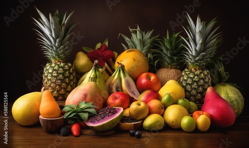  a pile of fruit sitting on top of a wooden table.  generative ai