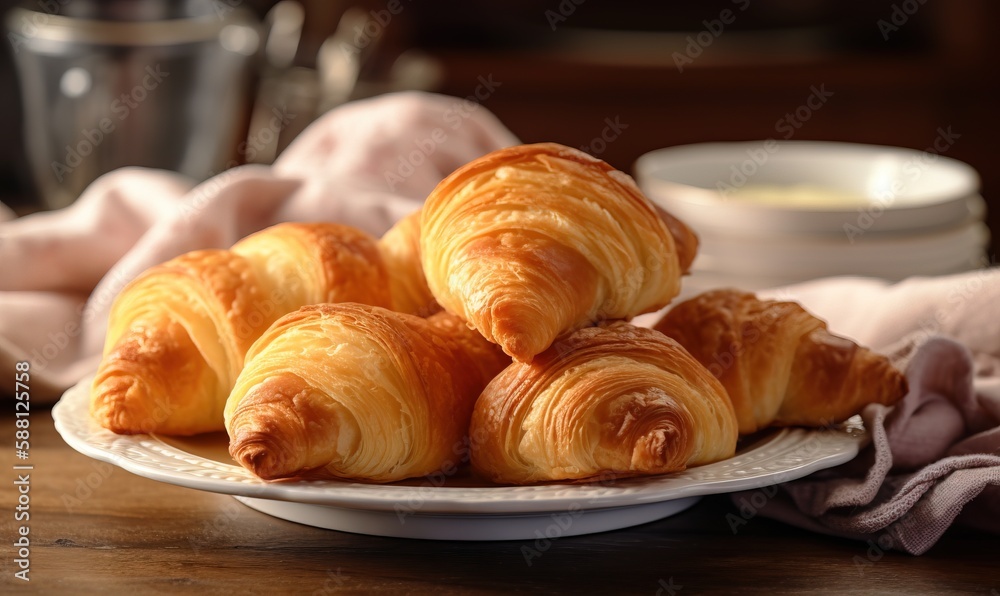 a white plate topped with croissants on top of a wooden table. generative ai a white plate topped with croissants on top of a wooden table. generative ai