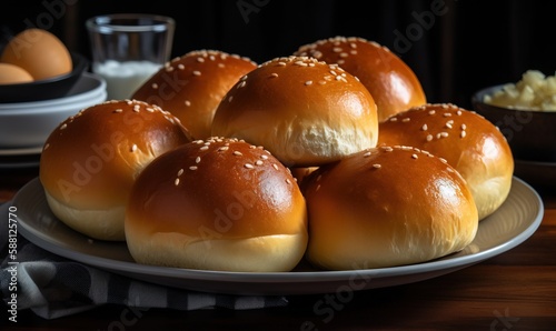  a white plate topped with buns covered in sesame seeds.  generative ai