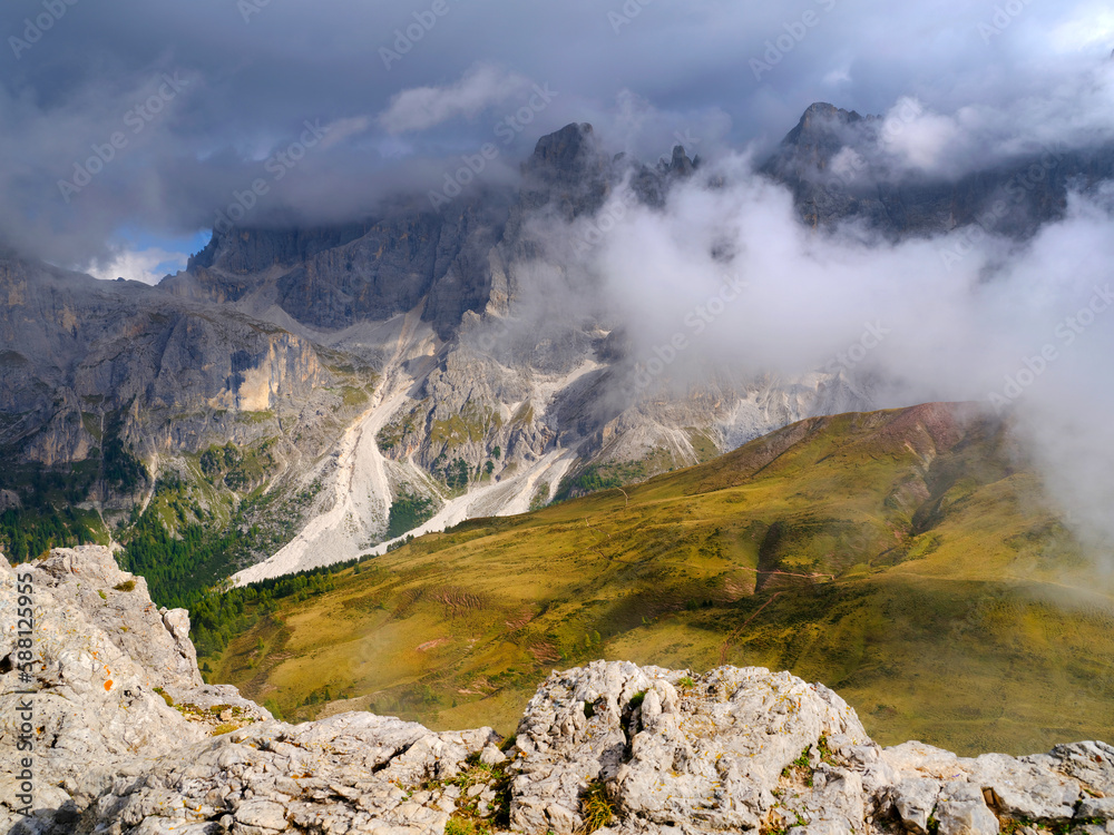 Stormy summer landscape of the famous Pale di San Martino near San Martino di Castrozza, Italian dolomites