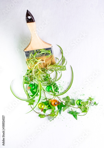 Green plants paintbrush. Ivy and spider plant (Chlorophytum) paintig white backgroun. photo