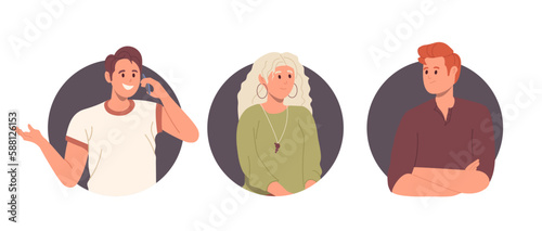 Diverse people character avatar talking phone, listening and waiting, man and woman portrait icon
