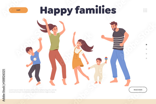 Happy families landing page design template with excited dancing parents and kids fun activity