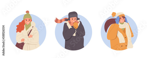 Freezing diverse people characters trying to keep warm feeling unwell on winter street round icon