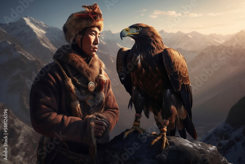 Traditional mongolian eagle hunter on steppe, generative ai