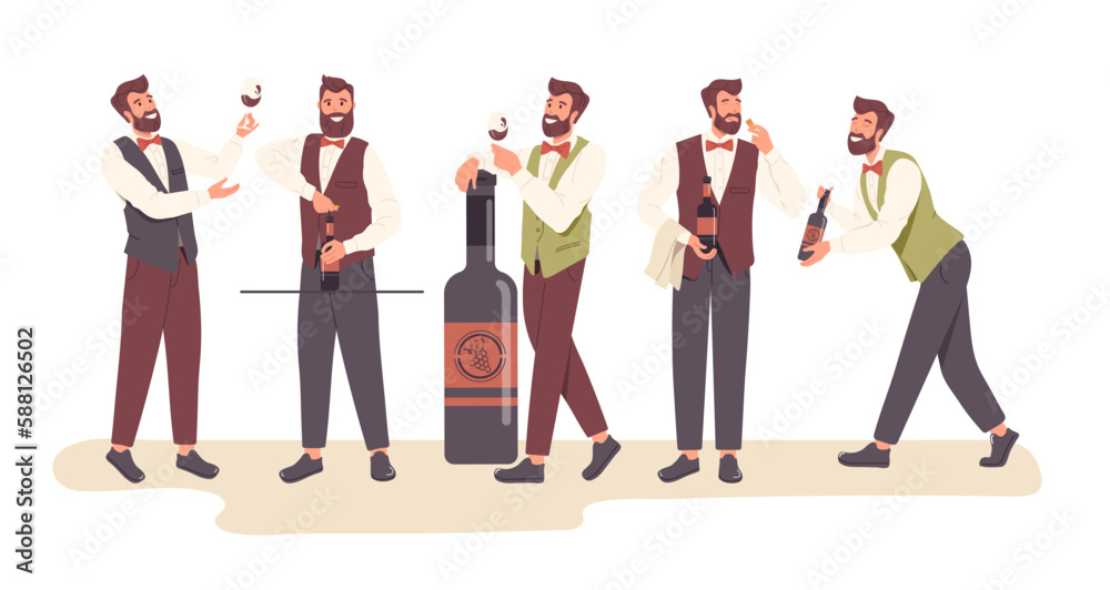 Obraz premium Set of male sommelier or stewards expert at wine degustation party standing isolated on white