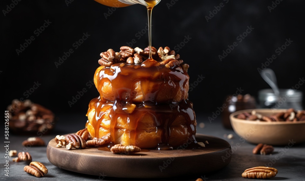  a person drizzling caramel sauce on a cake.  generative ai