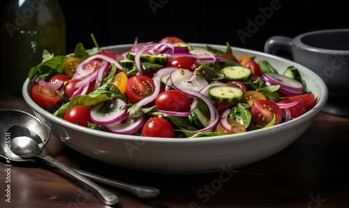  a salad with onions  tomatoes  cucumbers and lettuce.  generative ai