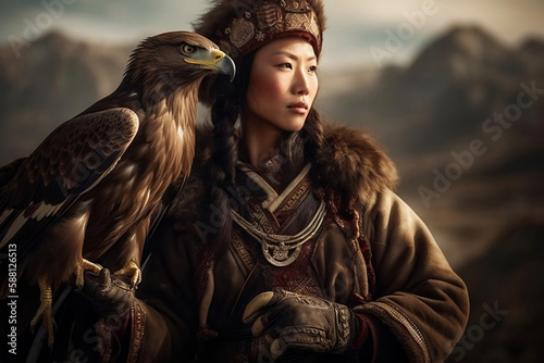 Traditional mongolian eagle hunter on steppe, generative ai photo