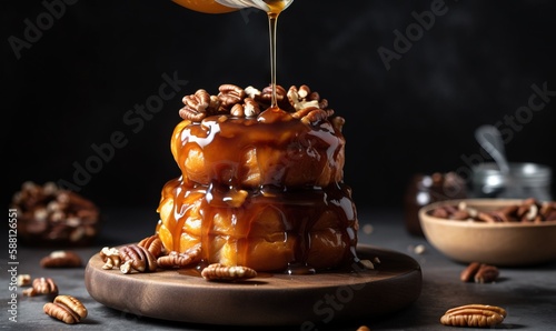  a person drizzling caramel sauce on a cake. generative ai