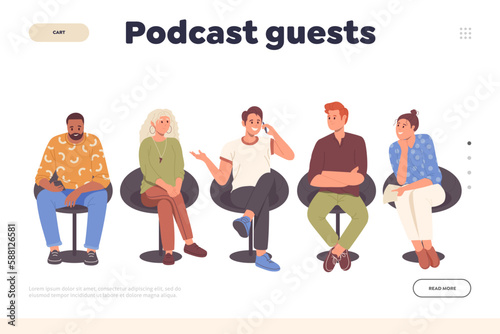 Podcast guests concept for landing page template with man and woman on chairs talking, listening