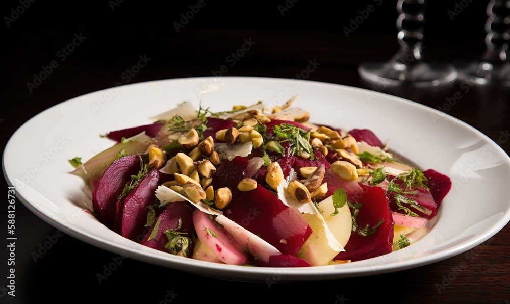 a white plate topped with beets and other food items. generative ai a white plate topped with beets and other food items. generative ai
