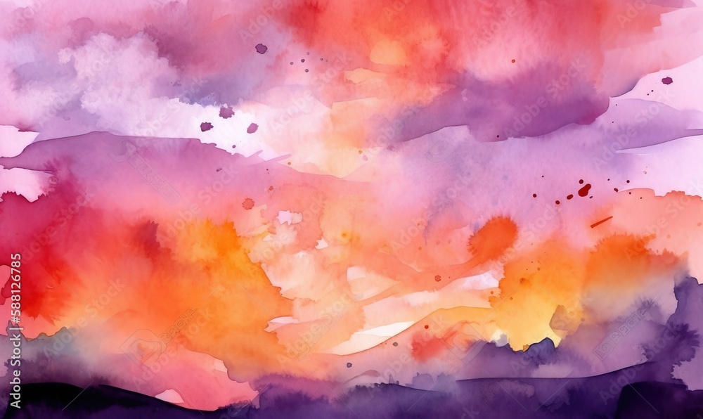  a watercolor painting of a purple, orange, and pink sky.  generative ai