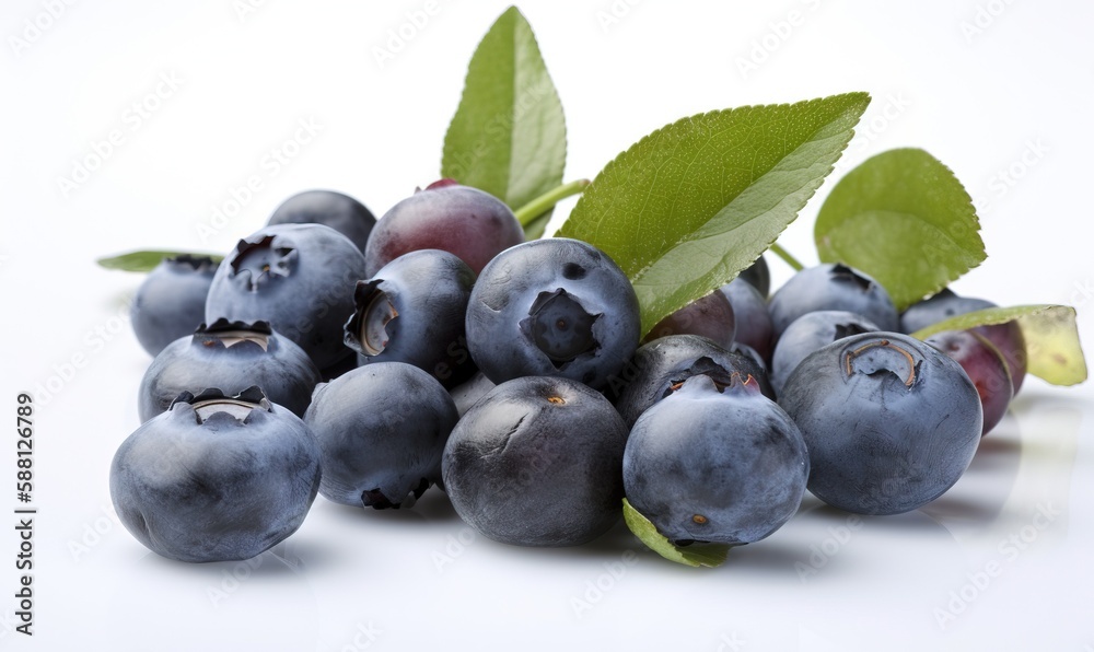 a bunch of blueberries with leaves on a white background. generative ai a bunch of blueberries with leaves on a white background. generative ai