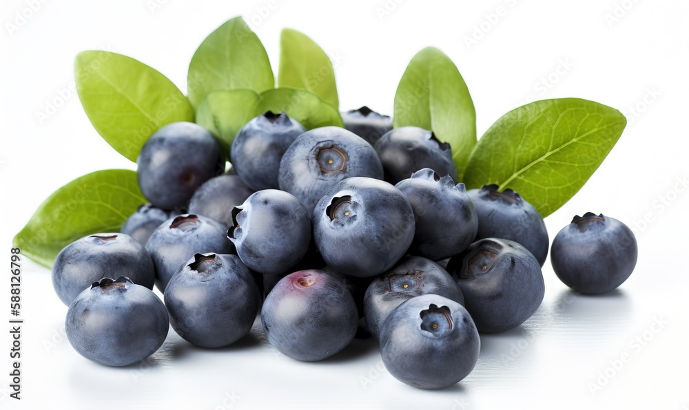 a pile of blueberries with leaves on top of them. generative ai a pile of blueberries with leaves on top of them. generative ai