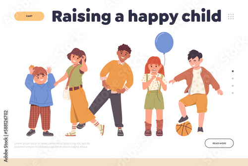 Raising happy child landing page template with energetic kids character in different motion