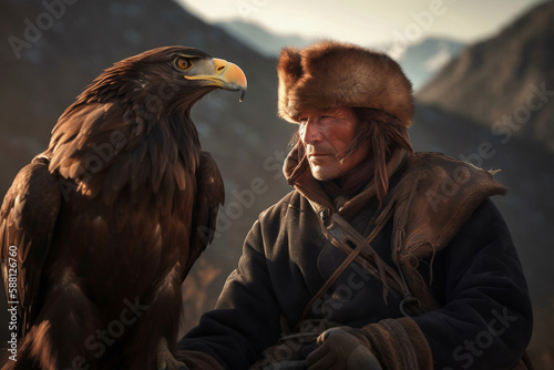 Traditional kazkh eagle hunter, generative ai