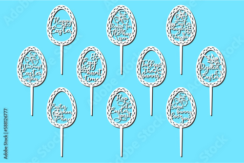 Happy Easter signs cake toppers for laser or milling cut. Cut for decoration design. Happy Easter topper. Holiday greeting. Elegant decoration. Laser cutting. Isolated design element.