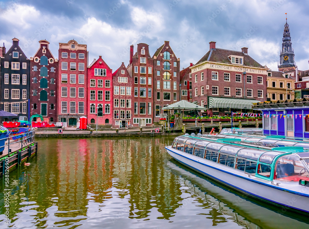 Amsterdam architecture along Damrak canal, Netherlands