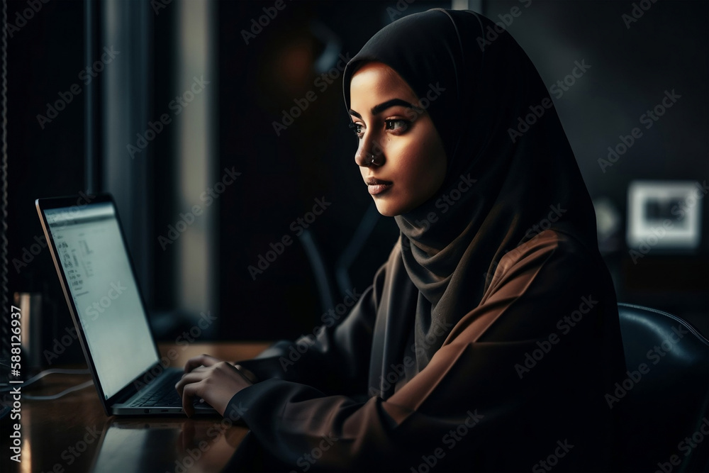 Asian Muslim businesswoman working in the office, using notebook laptop, generative ai