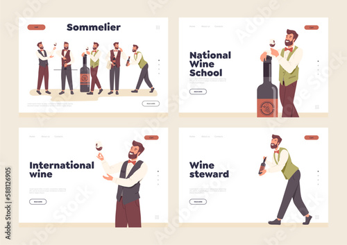 Set of landing page for online school, remote restaurant service and sommelier guild association