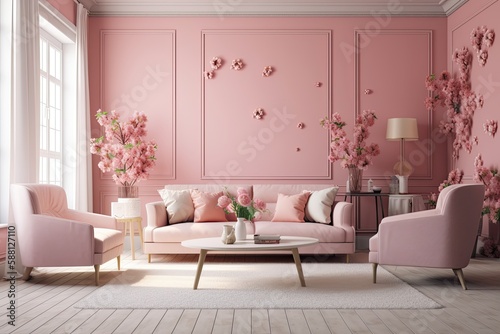 cozy living room with pink walls and furniture. Generative AI