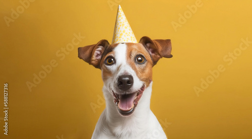 Jack Russell dog is happy with yellow hat, celebrating birthday, on yellow background. Free copy space. Generative AI © Tatiana