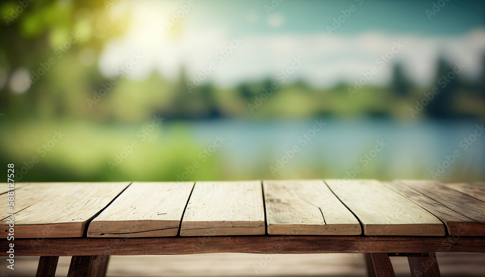 Empty old wooden table with defocused summer background Empty old wooden table with defocused summer background