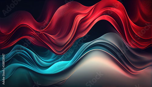 Abstract Shiny neon glass translucent wavy composition with gradient transition, red blue white dark elegant clean background - generative AI.