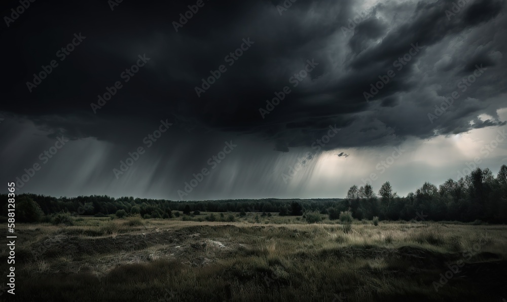 a storm is coming over a field with trees in the background. generative ai a storm is coming over a field with trees in the background. generative ai