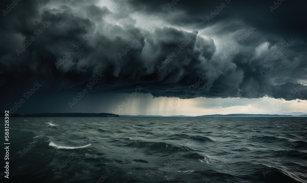 a storm is coming over the ocean with a boat in the foreground.  generative ai
