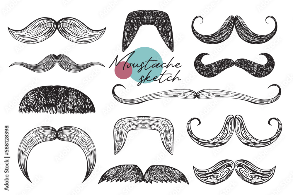 Hand drawn sketch doodle vector moustache set, photo booth props.
